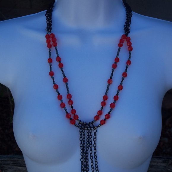Handmade Double Strand Goth Beaded Necklace with Black Chains and Red Beads - Picture 12 of 16
